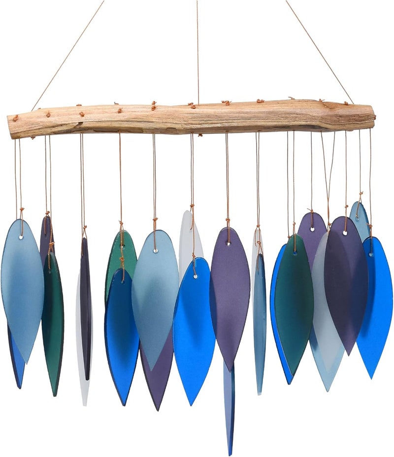 Gift Essentials Blue Handworks Pacific Coast Glass Chime, Sandblasted Glass and Found Wood Handcrafted Wind Chime - Image 1